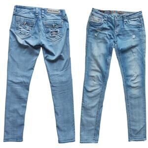 Rock Revival Fay Jeans Womans 28 Skinny Rhinestones Blue E8473S6R Distressed